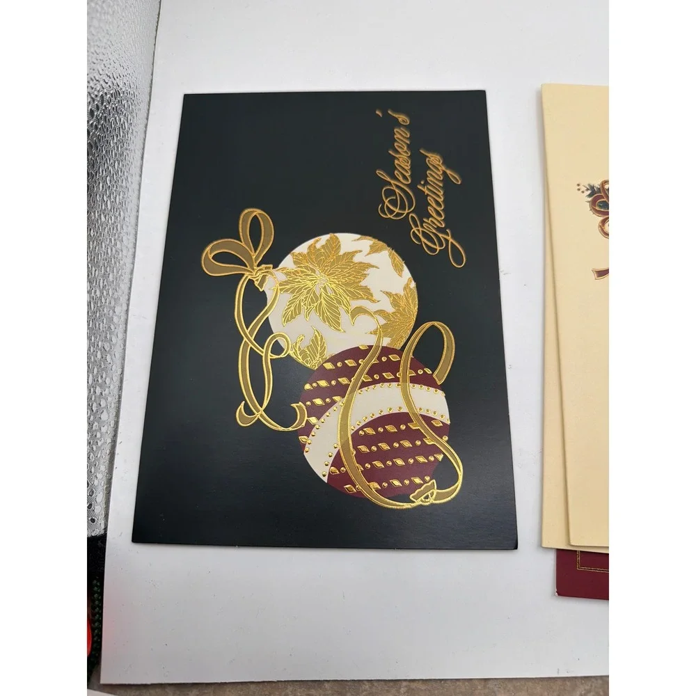 Assorted Christmas Holiday Greeting Cards Gold Foil Sleigh Ornaments Set of 4